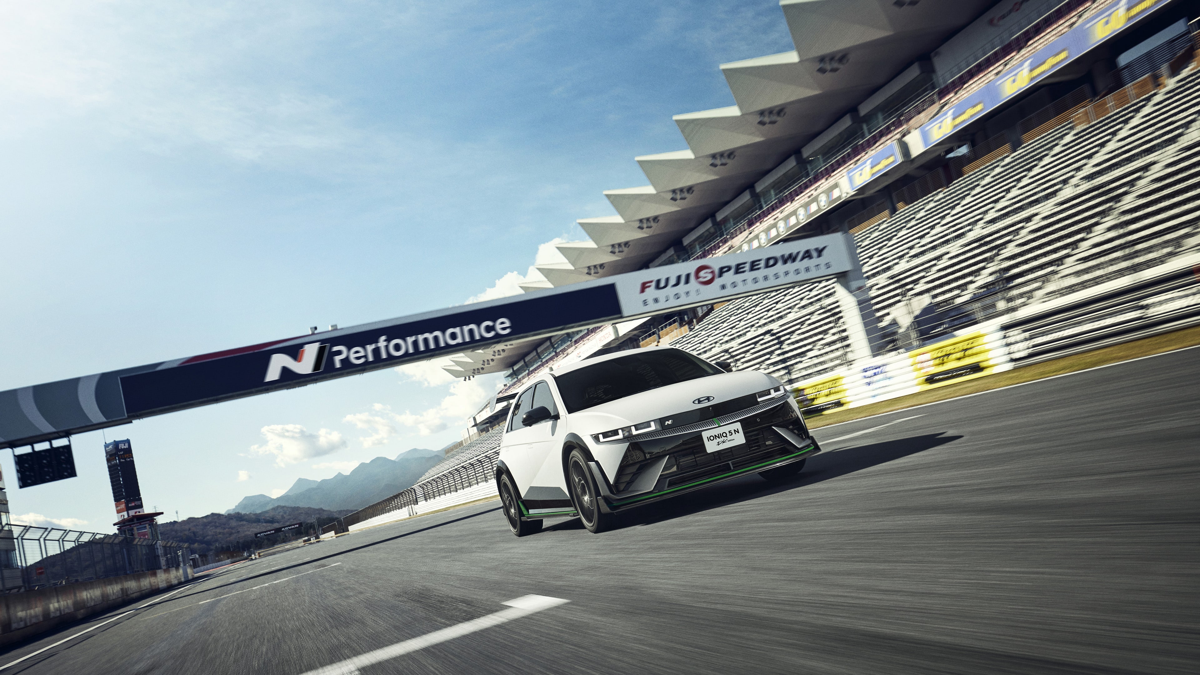 Front view of the IONIQ 5 N DK Edition vehicle running on the track