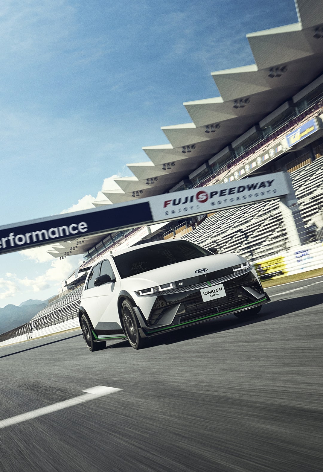 Front view of the IONIQ 5 N DK Edition vehicle running on the track
