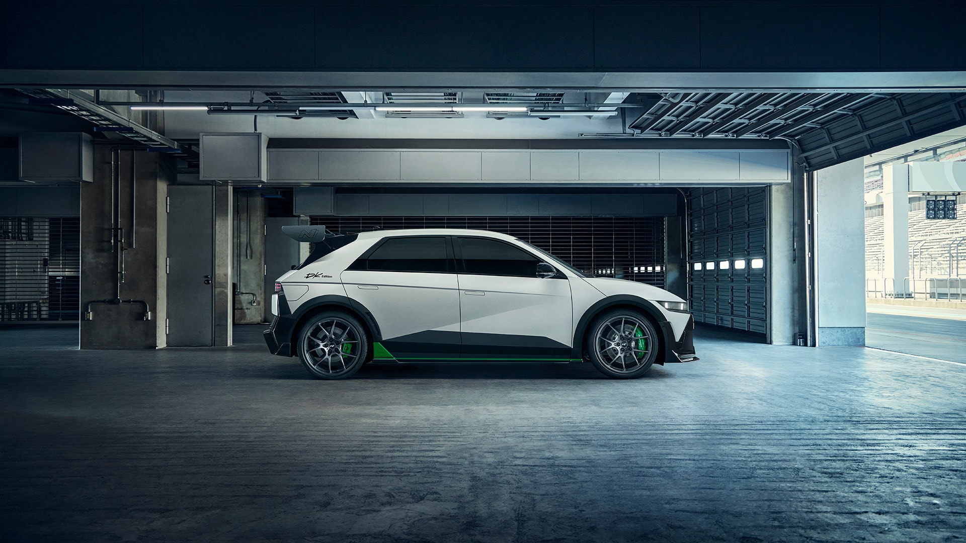Right side view of the IONIQ 5 N DK Edition vehicle in the pit